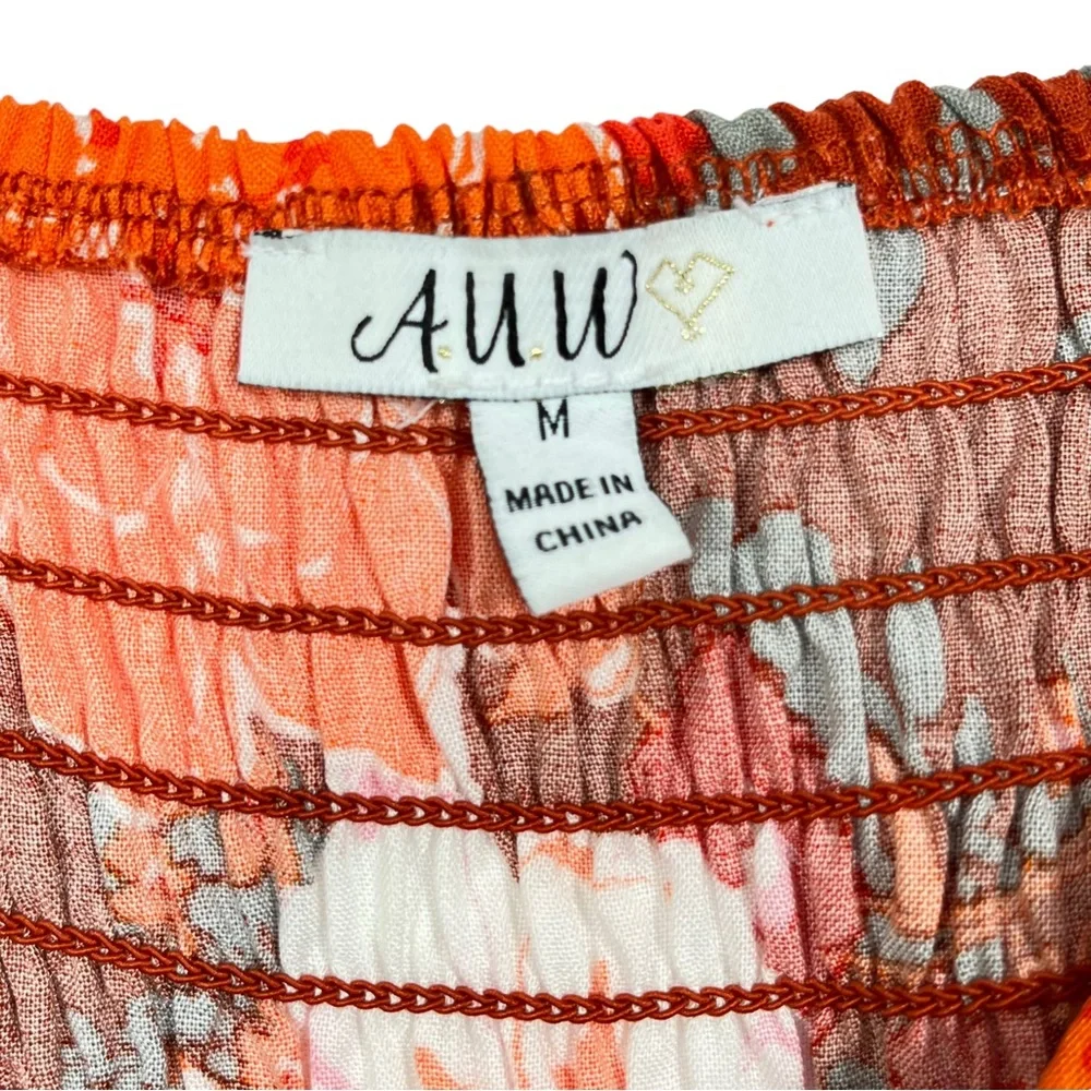 AUW Women’s Large Orange & Pink Floral Wide‎ Leg Pants Jumpsuit Tie Straps Boho